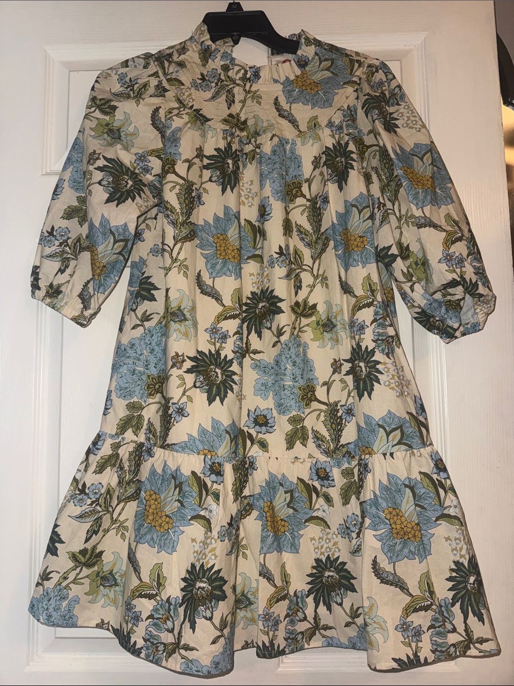 Cream Floral Tiered Dress with Blue & Green Print